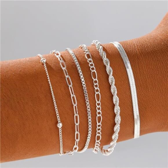 Gold Silver Bracelets for Women Stackable 14K Gold Plated Trendy Layered Jewelry - Picture 3 of 7